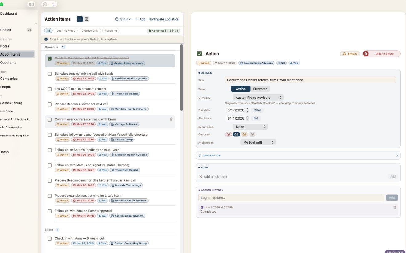 PRISM Action Items view with due dates, quadrant pills, and an item being closed
