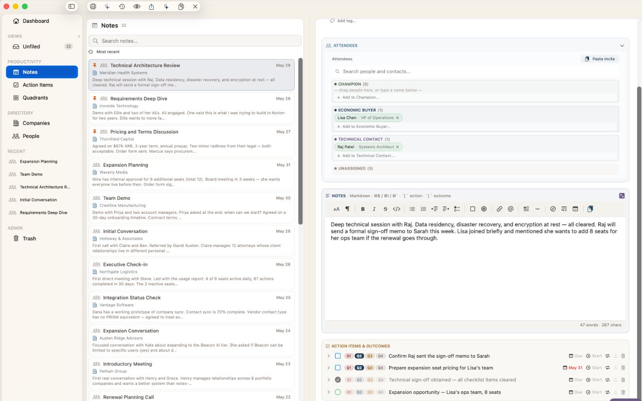 PRISM note editor with attendees, meeting notes, and inline action items